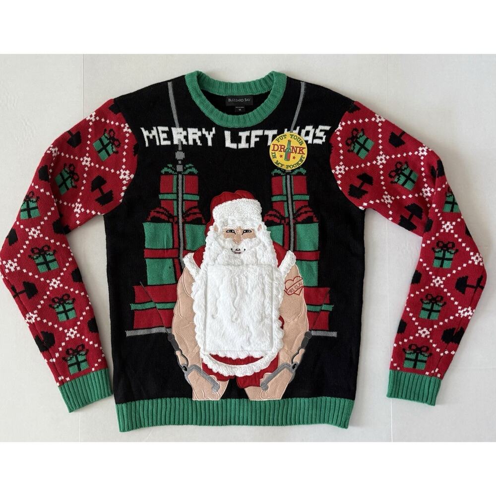NEW BLIZZARD BAY WEIGHTLIFTING DRINK POCKET UGLY CHRISTMAS SWEATER MENS SZ M